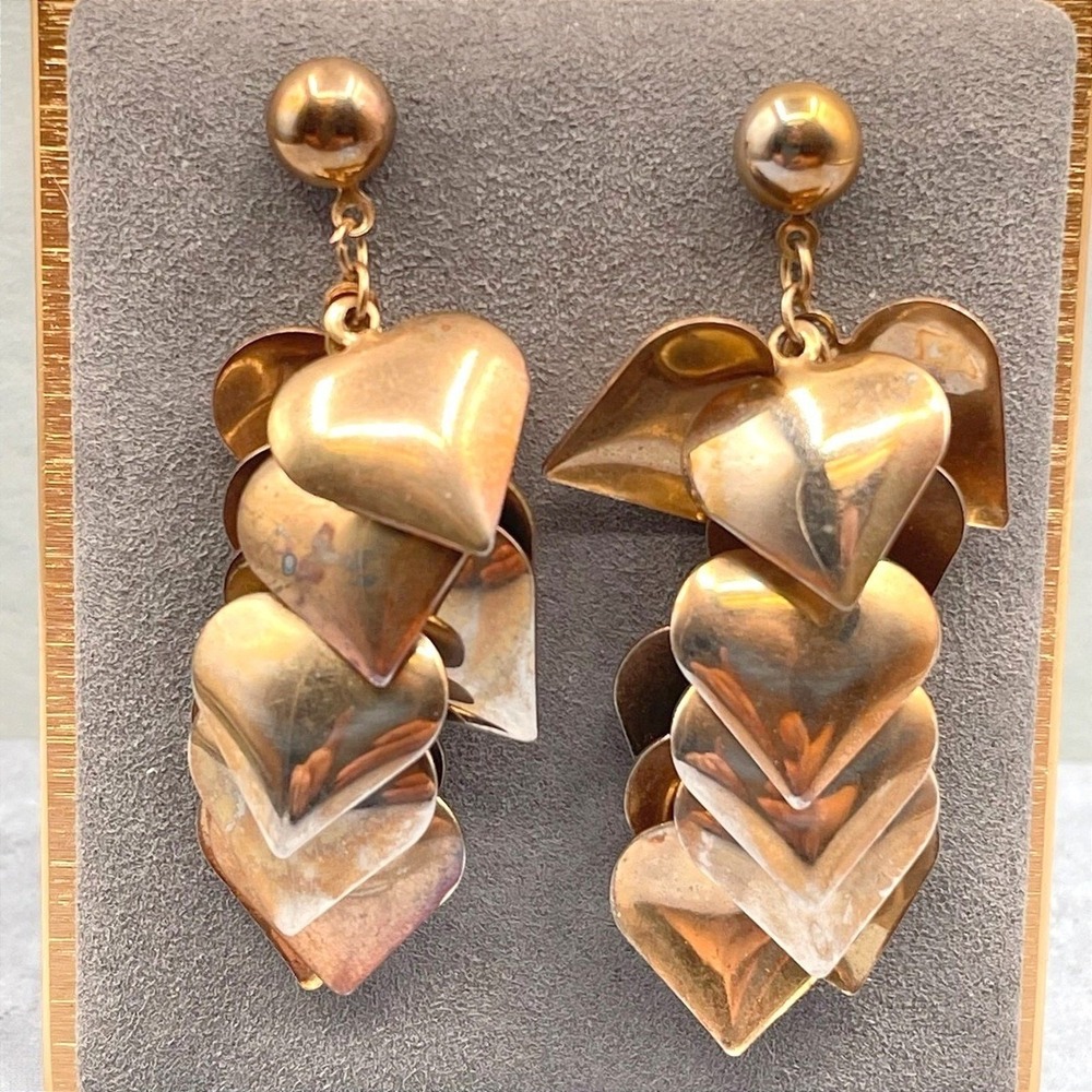 Vintage Style Cascading Heart Dangle Earrings Rose Gold Tone Statement Post Y2K